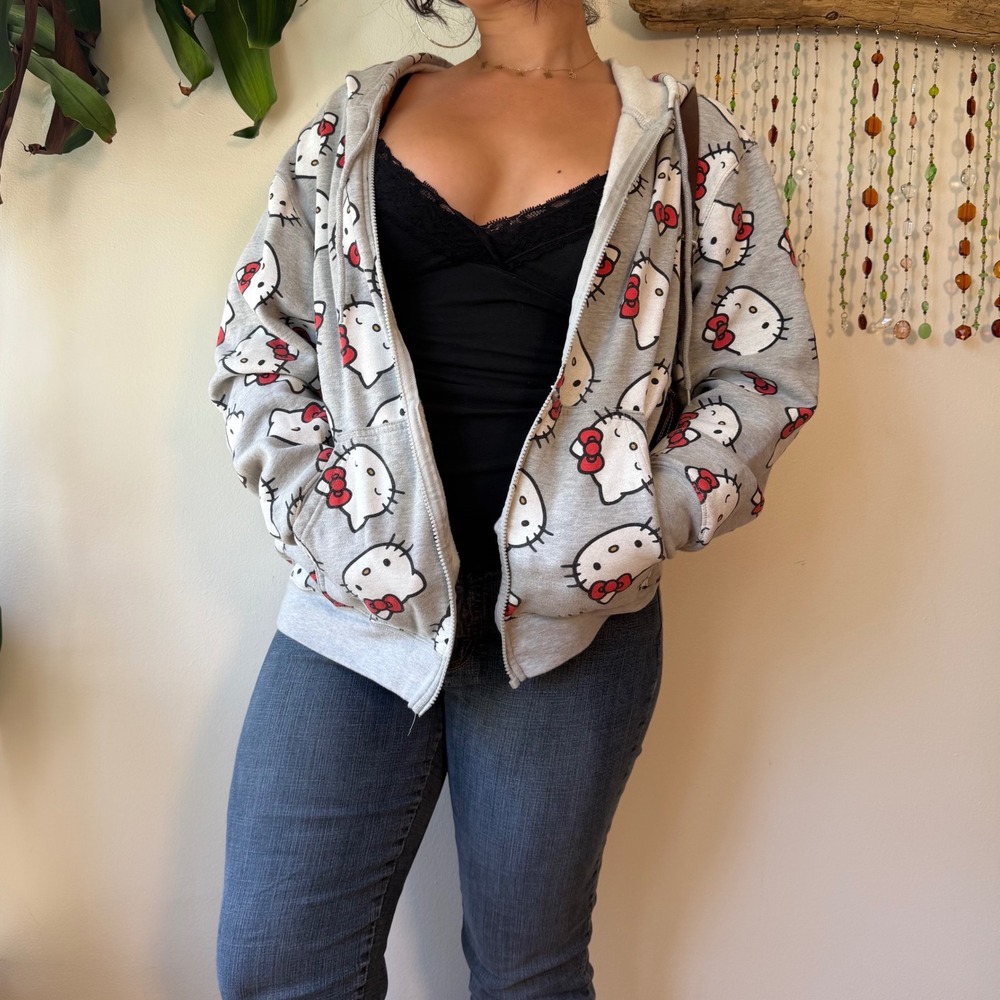 Hello Kitty Sanrio All Over Print Zip Up Hoodie Gray Y2k Kawaii emo alt scene 2X